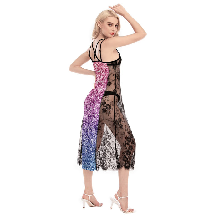 Allover-Print Damen Spitzen-Camisole-Kleid mit überkreuztem Rücken