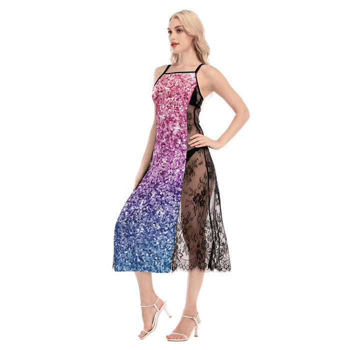 Allover-Print Damen Spitzen-Camisole-Kleid mit überkreuztem Rücken