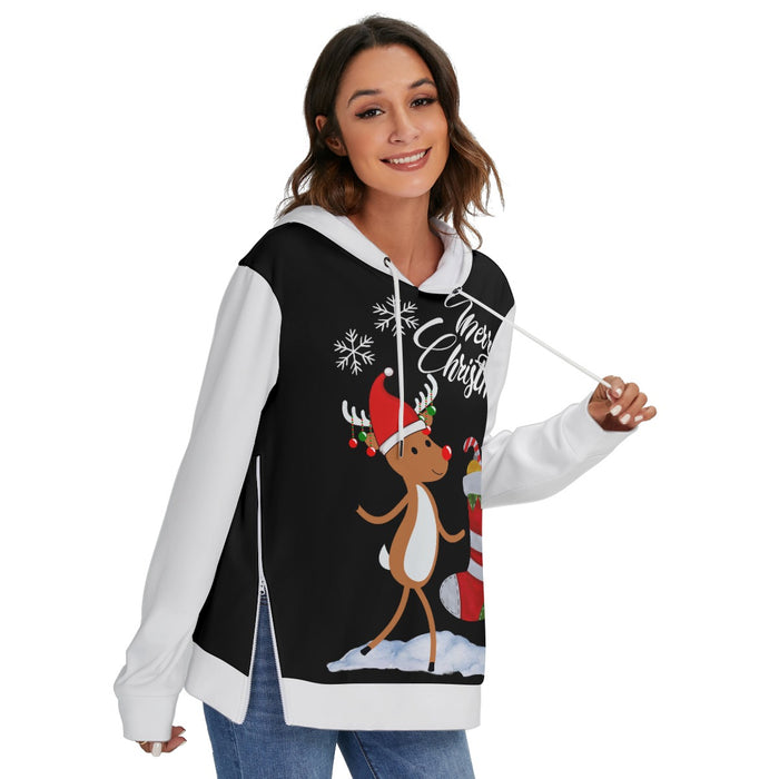 Hoodie aus schwerem Fleece mit durchgehendem Print und seitlichem Reißverschluss für Damen