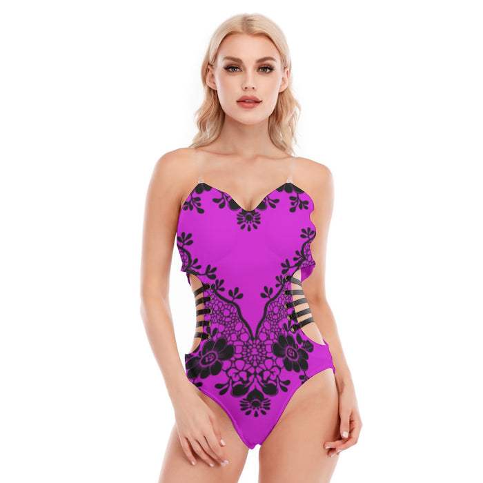 Allover-Print Damen/Teenagerin Tube Top Bodysuit mit seitlichen schwarzen Trägern