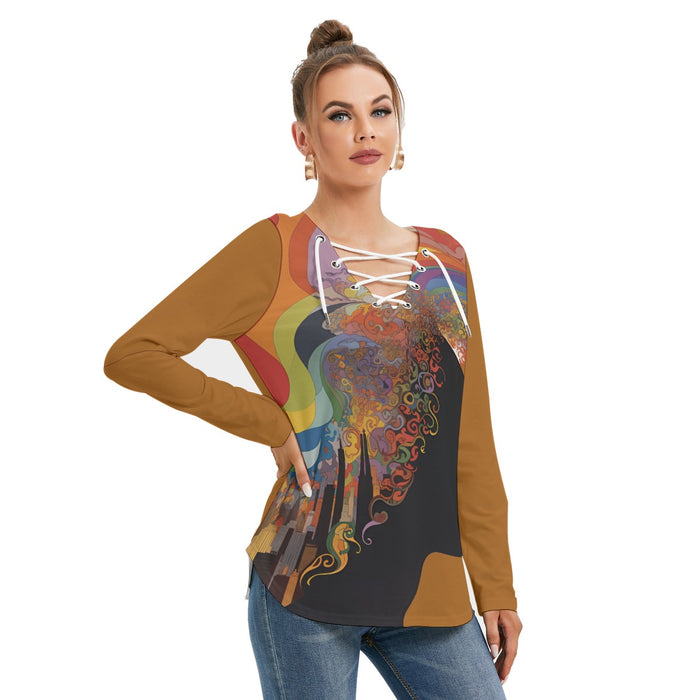 Sweatshirt mit langen Ärmeln und Bindeband für Damen mit Allover-Print