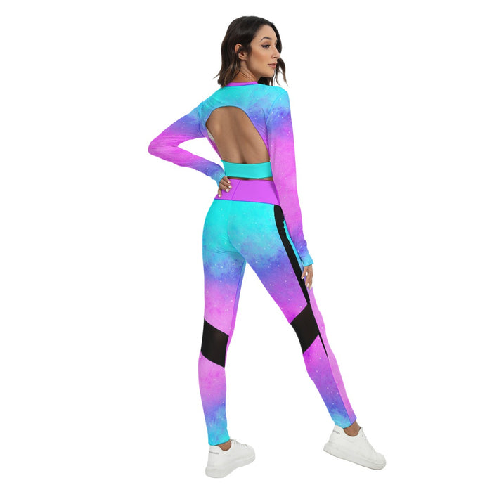 All-Over-Print Damen Sport-Set mit rückenfreiem Top und Leggings