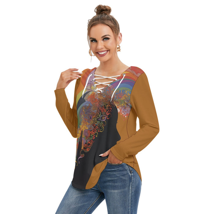 Sweatshirt mit langen Ärmeln und Bindeband für Damen mit Allover-Print