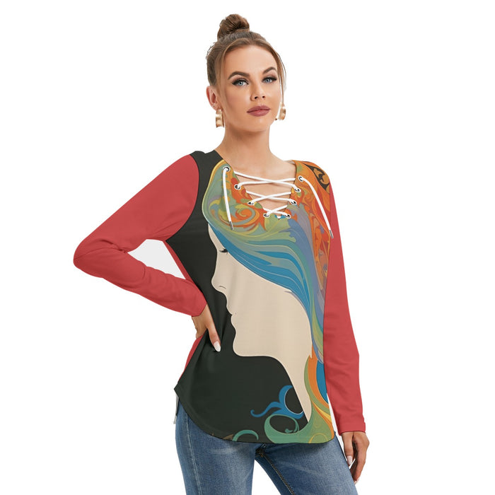 Sweatshirt mit langen Ärmeln und Bindeband für Damen mit Allover-Print