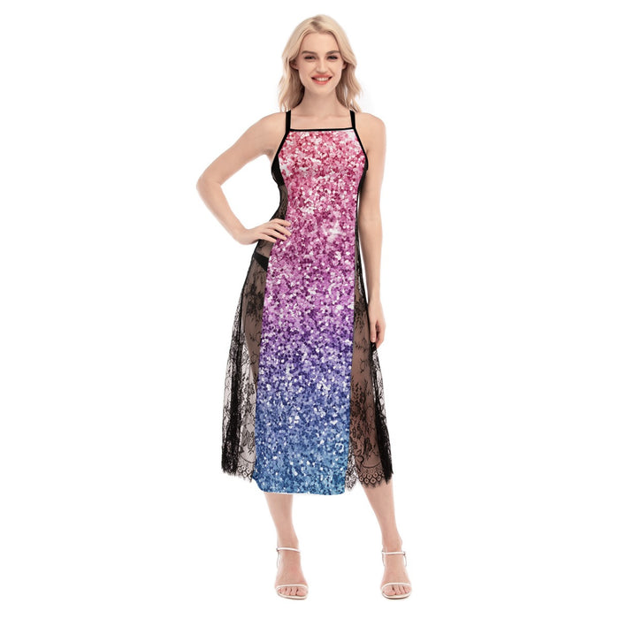 Allover-Print Damen Spitzen-Camisole-Kleid mit überkreuztem Rücken