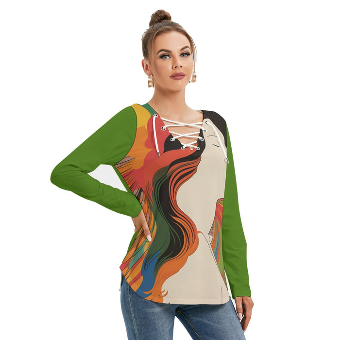 Sweatshirt mit langen Ärmeln und Bindeband für Damen mit Allover-Print