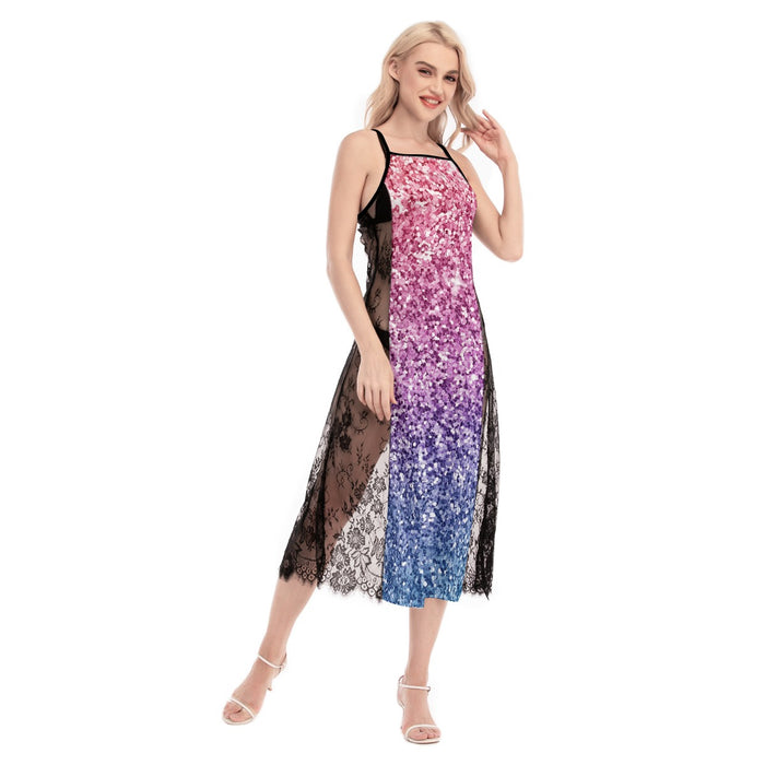 Allover-Print Damen Spitzen-Camisole-Kleid mit überkreuztem Rücken