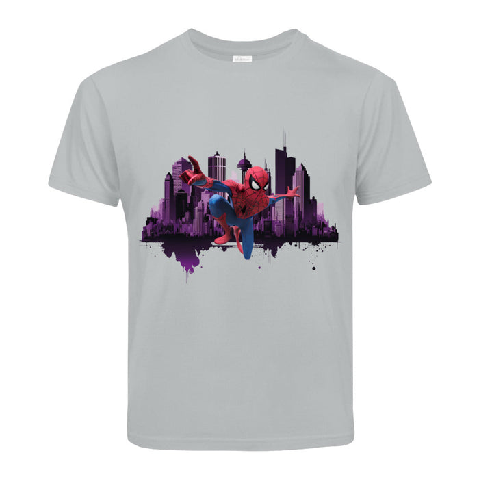 Spider Man fliegt über die Stadt  Kinder T-Shirt